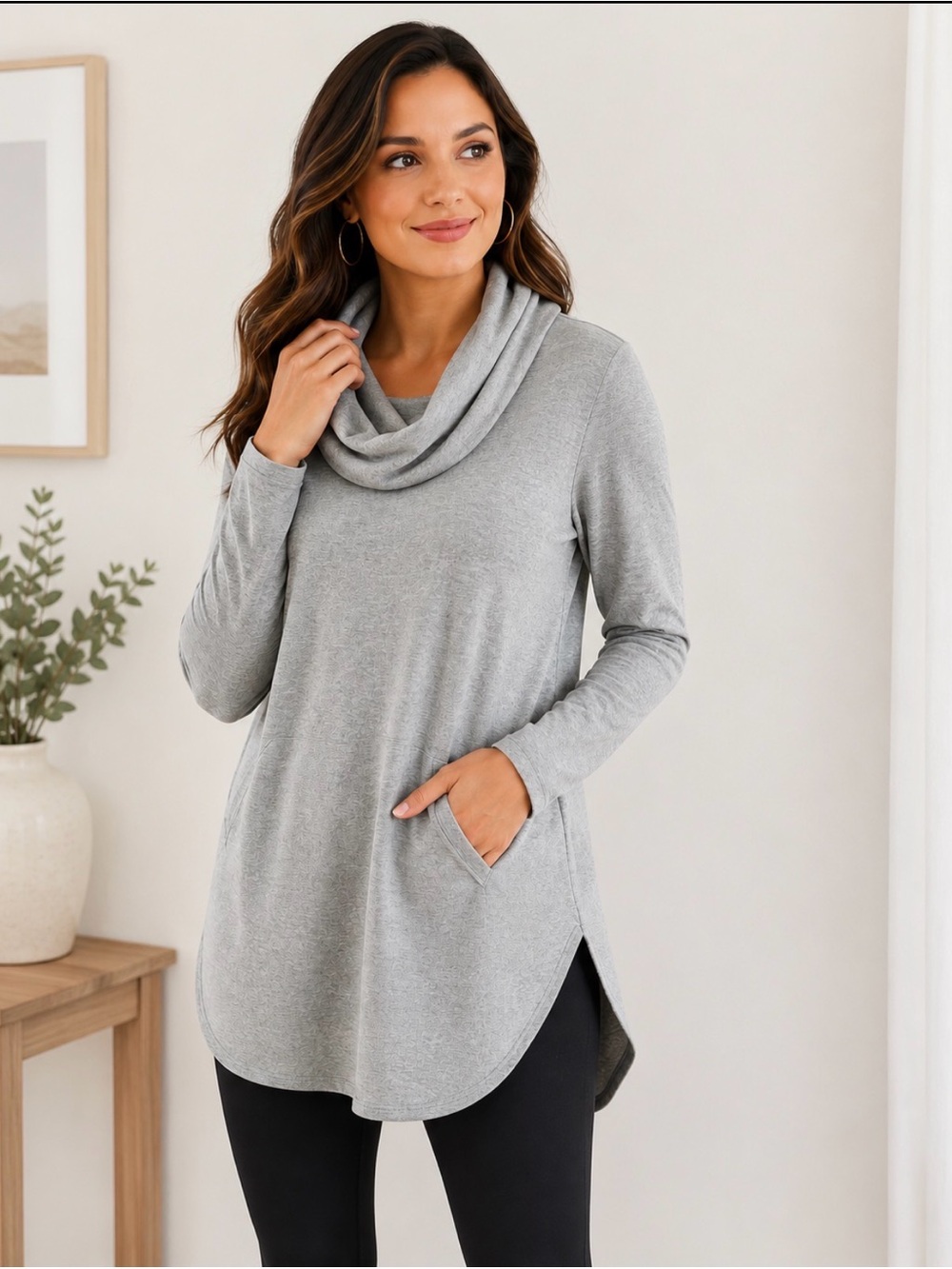 Cable & Gauge Gray Cowl Neck High Low Tunic Pullover Top Medium
